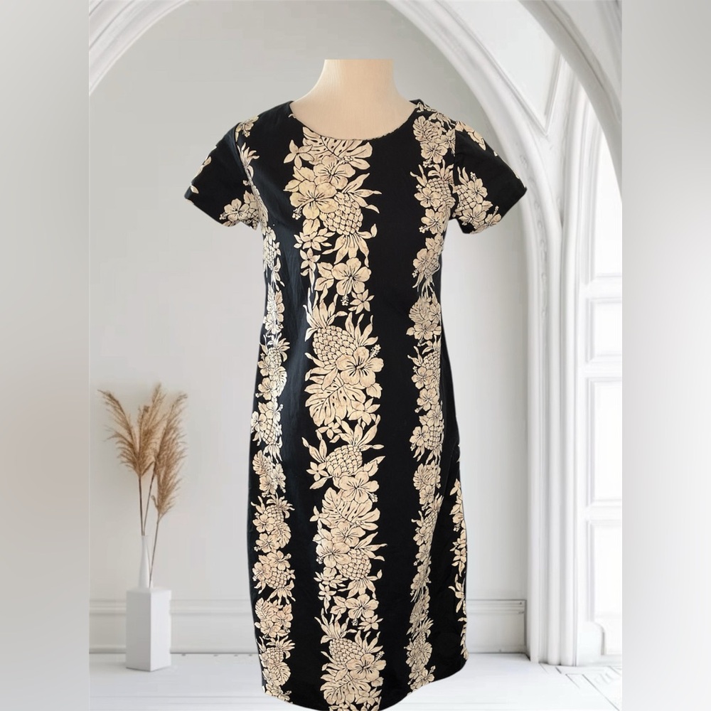 Pacific Legend Hawaiian Dress Pineapple Hibiscus Print Black White Resort Wear S